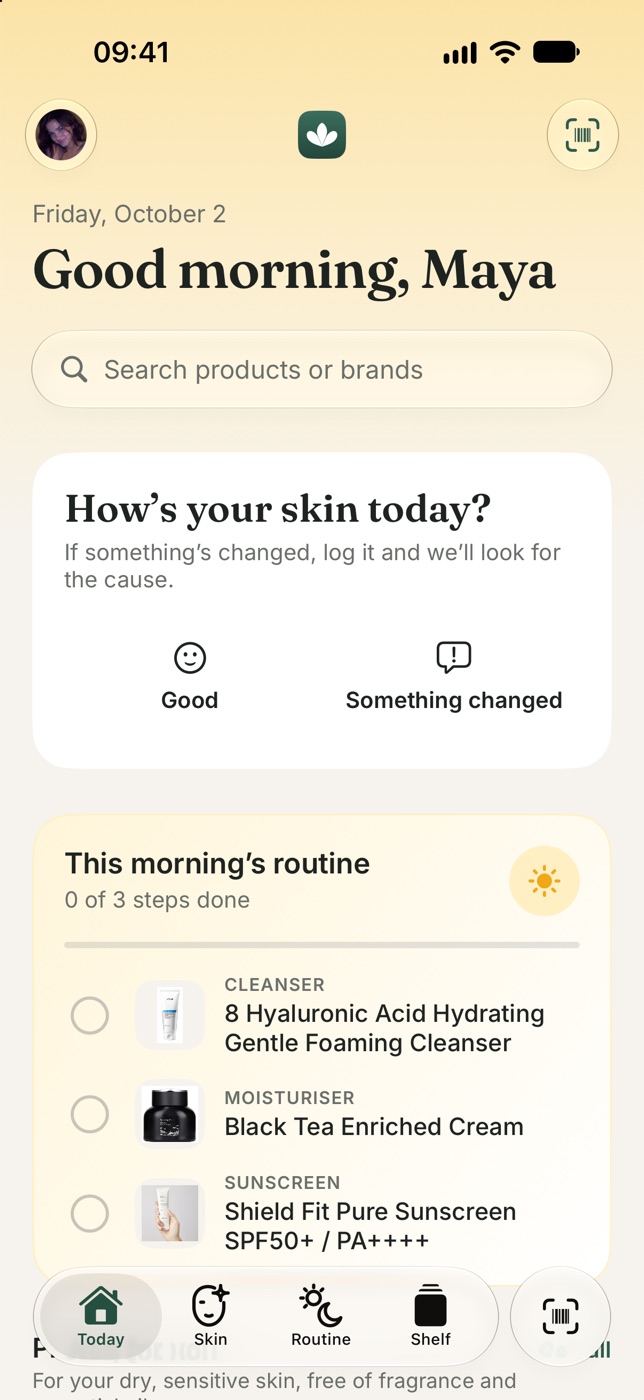 Petal's Today screen in the morning, washed in sunny yellow: a greeting, a search bar, How's your skin today, and this morning's routine with a cleanser, a moisturiser and a sunscreen, each with its photo.